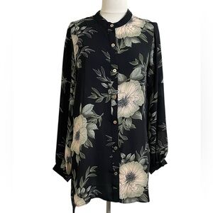 JOAN VASS Womens Black Hi-Low Tunic Cream Green Floral Print Button Front